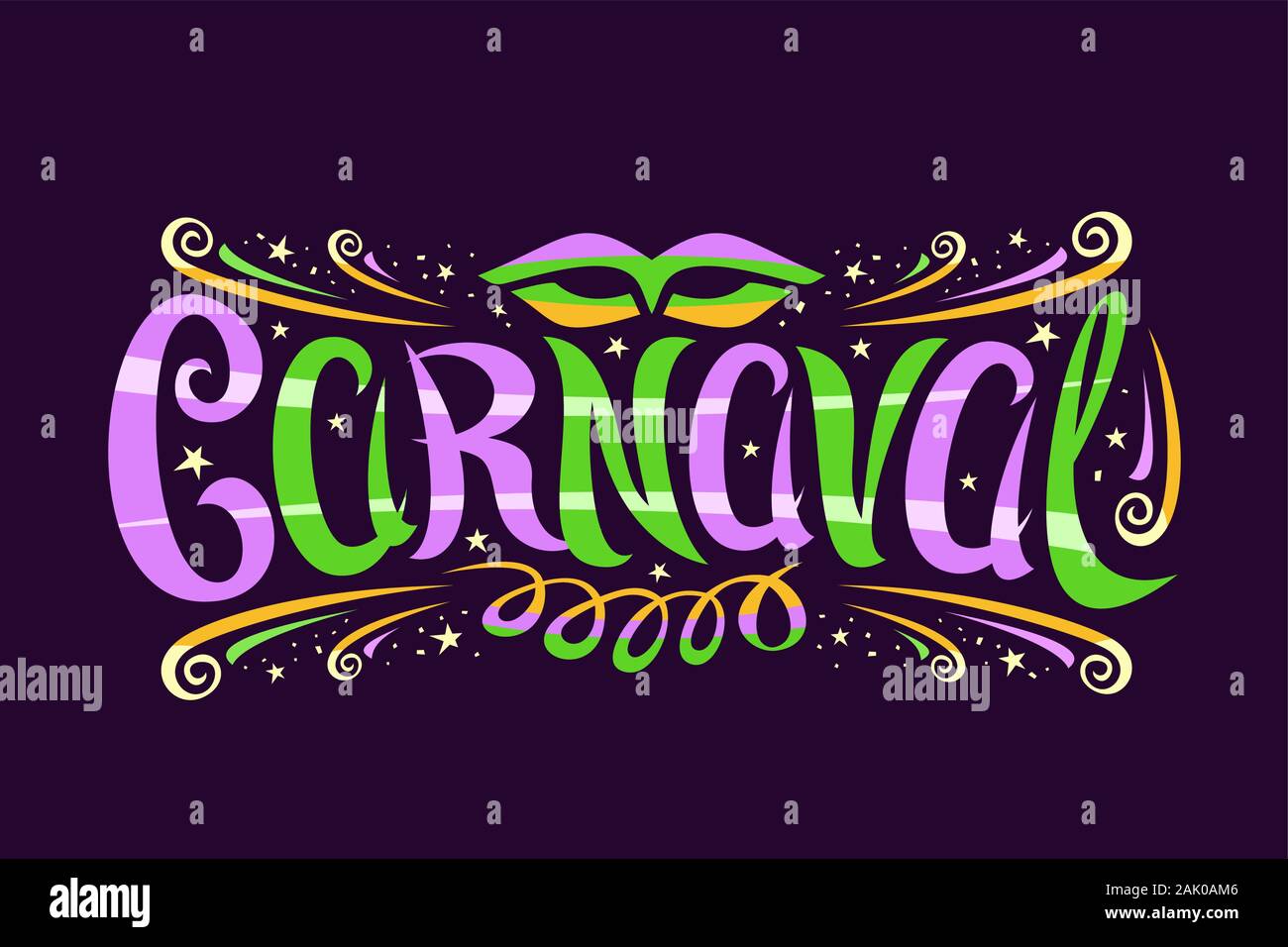 Il logo del vettore per il carnevale, etichetta orizzontale con ricci font calligrafico, design fiorisce, carnaval maschera e streamers, segnaletica decorativa con spazzola Illustrazione Vettoriale