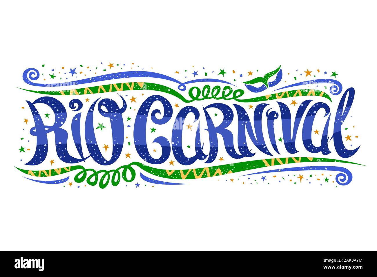 Vector biglietto di auguri per il carnevale di Rio, decorativi ticket con ricci font calligrafico, design volute e maschera di Carnevale, flyer con spazzola swirly tipo F Illustrazione Vettoriale