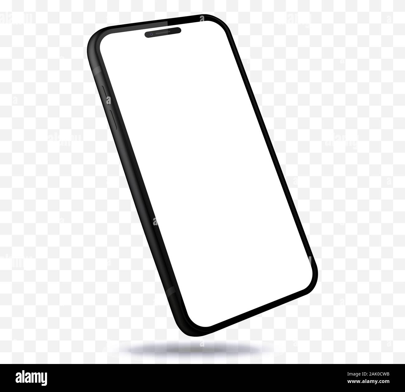 Telefono cellulare Mockup con vista prospettica. Nero Smartphone isolato su sfondo trasparente. Illustrazione Vettoriale