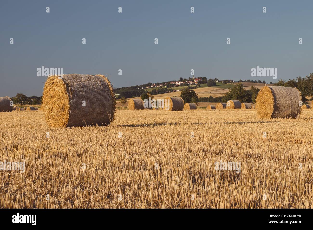 Balle di paglia su un campo stoppie, sullo sfondo un villaggio con una chiesa su una collina, cielo blu, paesaggio in luce solare dorata Foto Stock