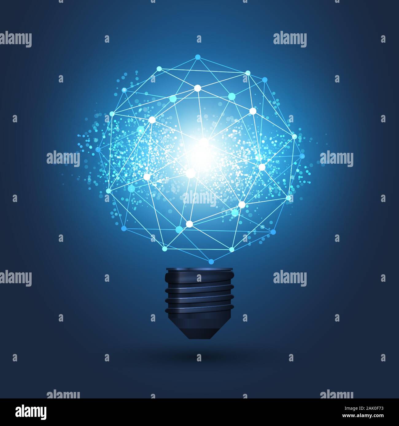 Concetto di connessioni di rete astratte elettriche e globali Design con una lampadina luminosa e una mesh geometrica trasparente - Vector Illustrazione Vettoriale