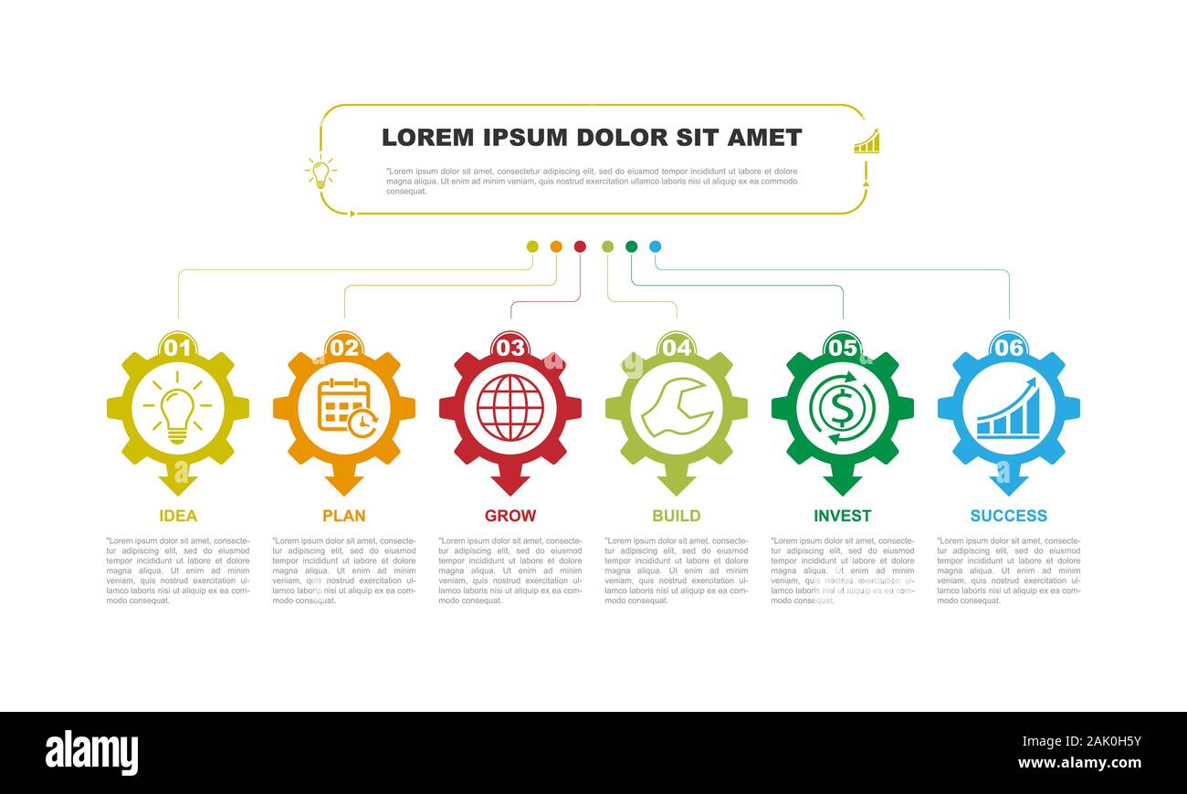 Infografico Business 6 fase piana. Semplice progettazione del modello Illustrazione Vettoriale