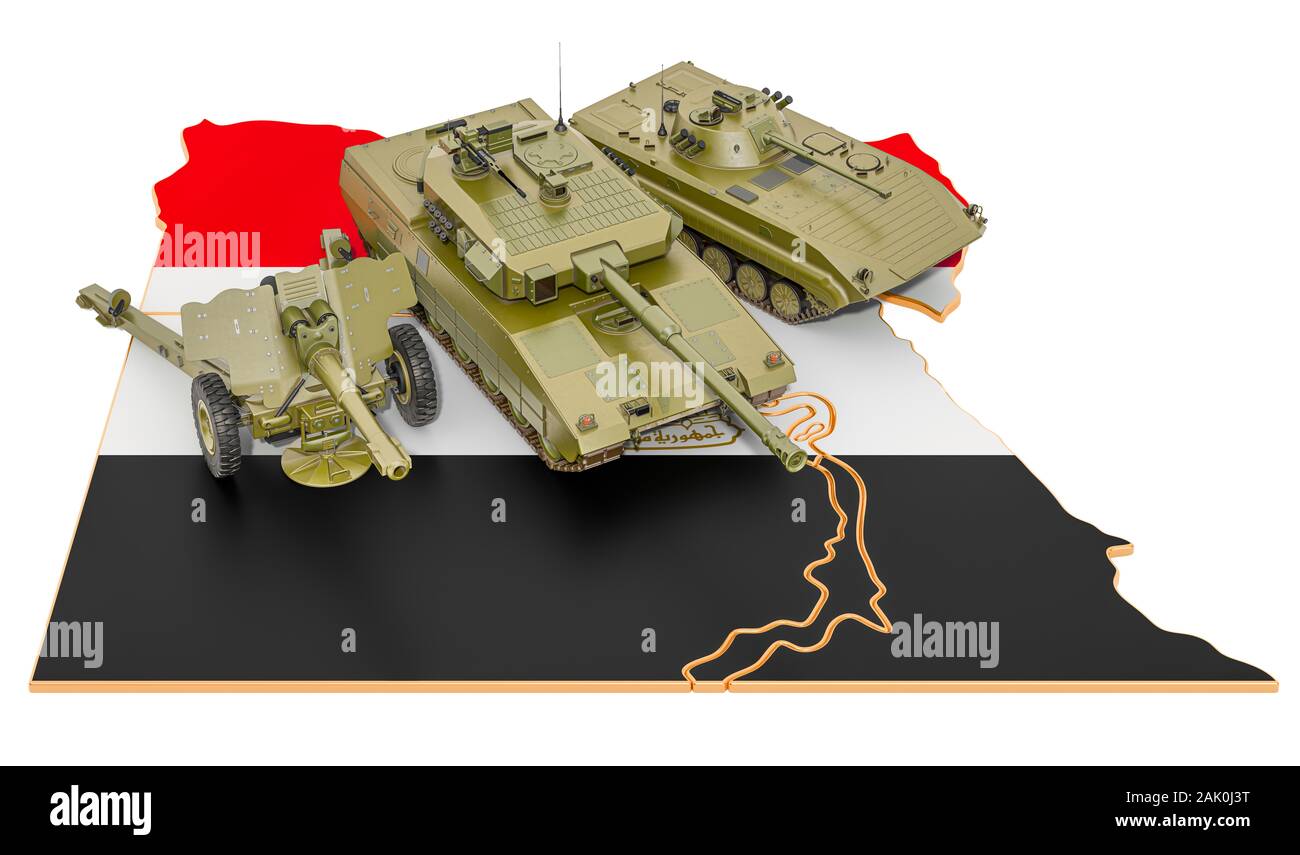 Lottare contro i veicoli sulla mappa egiziano. La difesa militare del concetto di Egitto, rendering 3D isolati su sfondo bianco Foto Stock