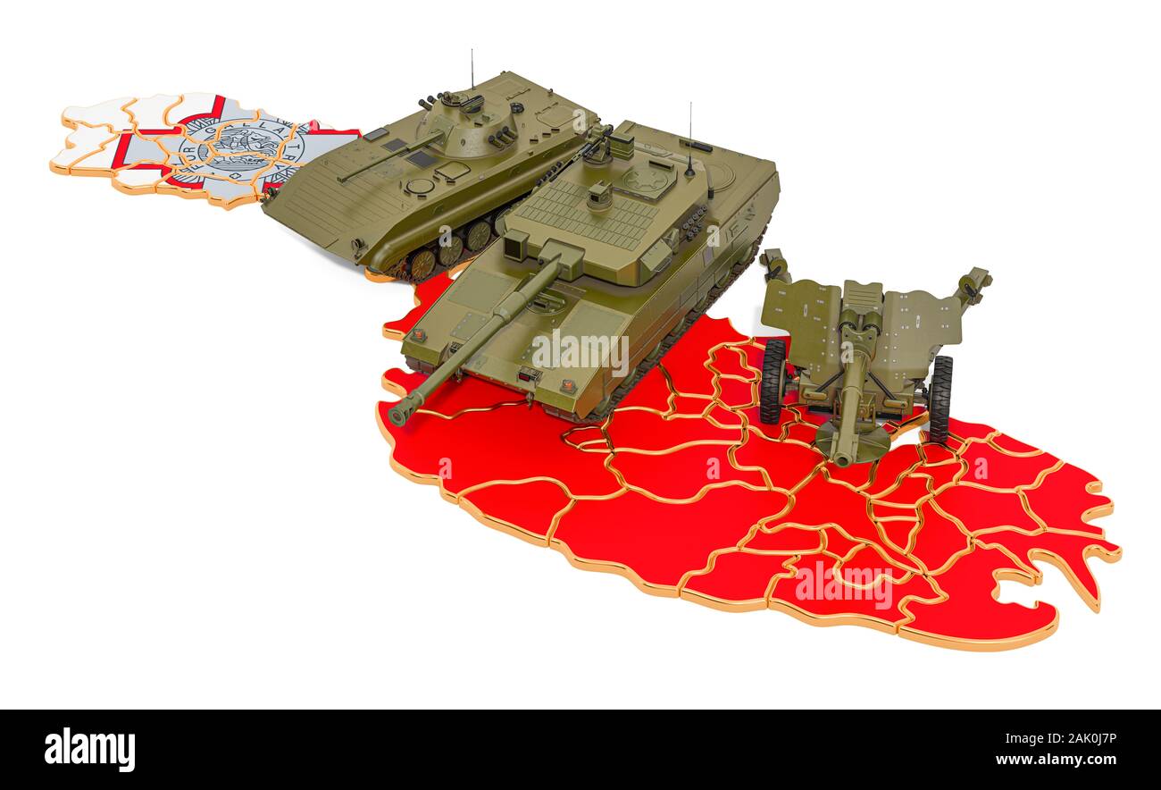 Lottare contro i veicoli sulla mappa Maltese. La difesa militare di Malta concetto, 3D rendering isolati su sfondo bianco Foto Stock