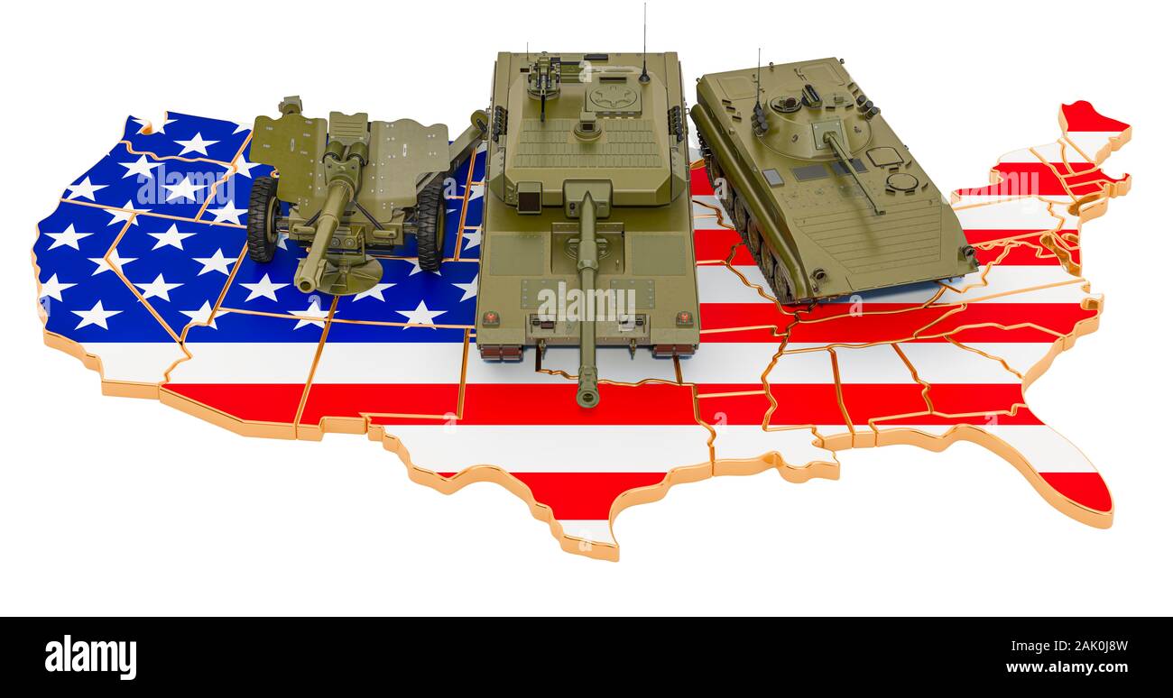 Lottare contro i veicoli sulla mappa degli Stati Uniti. La difesa militare degli Stati Uniti d'America concetto, 3D rendering isolati su sfondo bianco Foto Stock