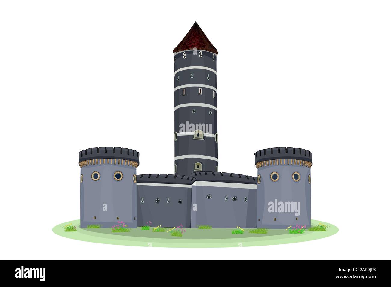 Cartoon torre medievale di un castello isolato su sfondo bianco. Antico Castello con mura fortificate e torri. Fortezza, cittadella, roccaforte, archi. Illustrazione Vettoriale
