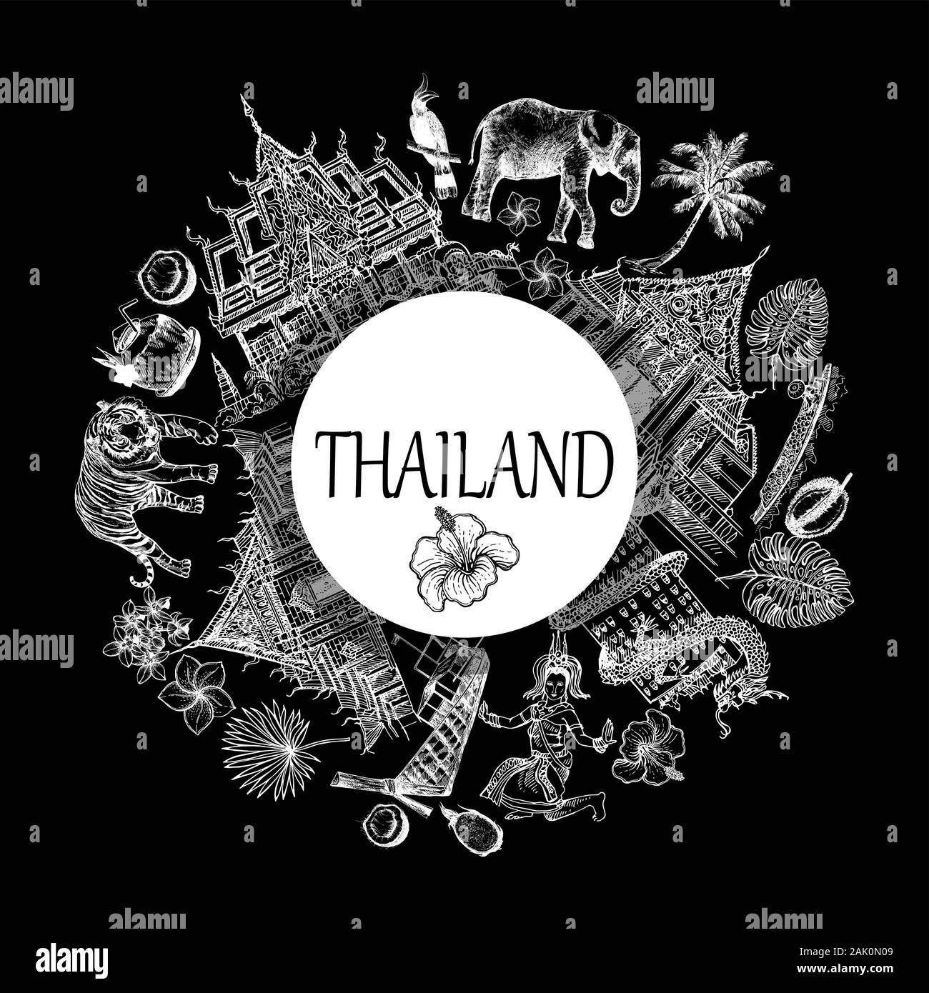 Carta per poster composizione di mano il bozzetto style Thailandia gli oggetti correlati isolati su sfondo nero. Illustrazione Vettoriale. Illustrazione Vettoriale