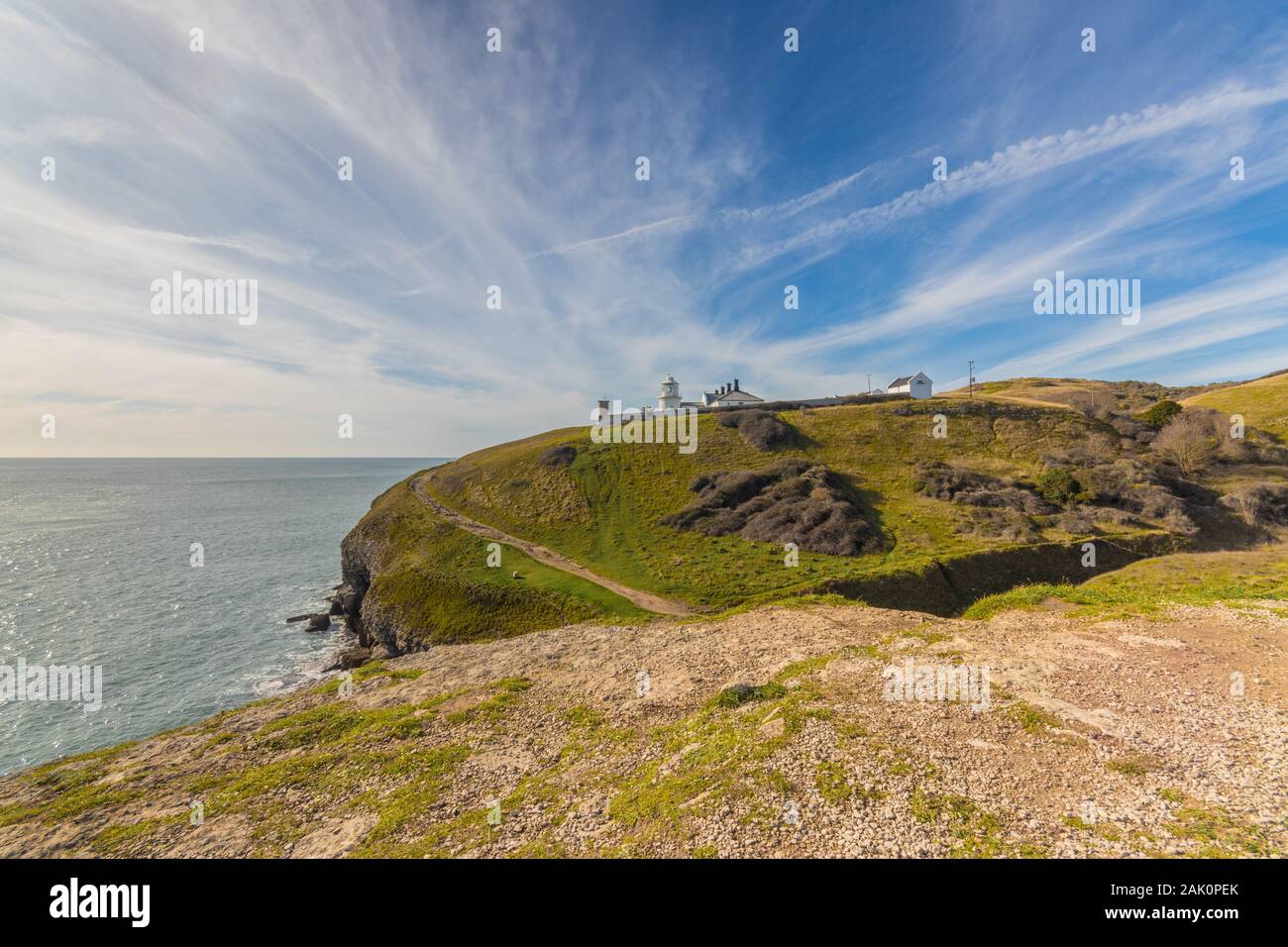 Incudine Point lighthouse in Durlston Country Park, Swanage, Dorset, Regno Unito Foto Stock