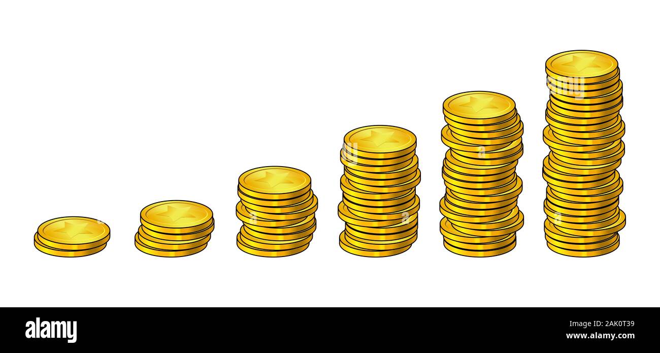 Le monete d'oro le colonne come reddito grafico . denaro stack. Concetto di crescita economica, il successo aziendale. Aumentando le torri di cassa isolato su bianco backgroun Illustrazione Vettoriale