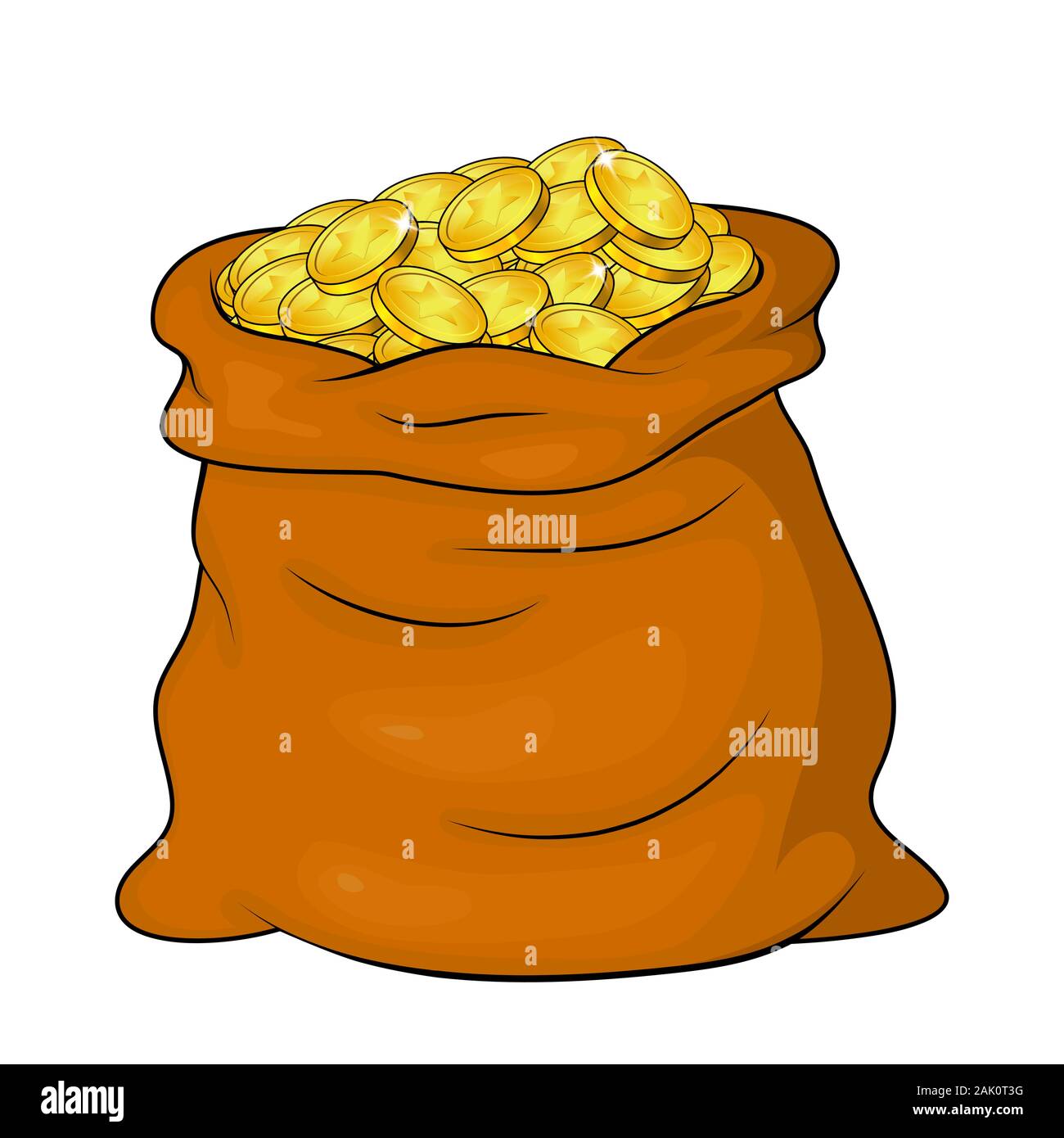 Denaro borsa piena di monete d'oro isolati su sfondo bianco. Aprire il sacco di cassa icona,simbolo design. Illustrazione Vettoriale, finanza,concetto bancaria Illustrazione Vettoriale