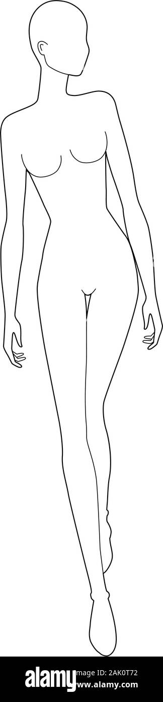Modello di moda di donne in cammino. 9 dimensioni di testa per il disegno tecnico. Signora figura vista frontale. Profilo di vettore ragazza per schizzo di moda e illustrazione. Illustrazione Vettoriale
