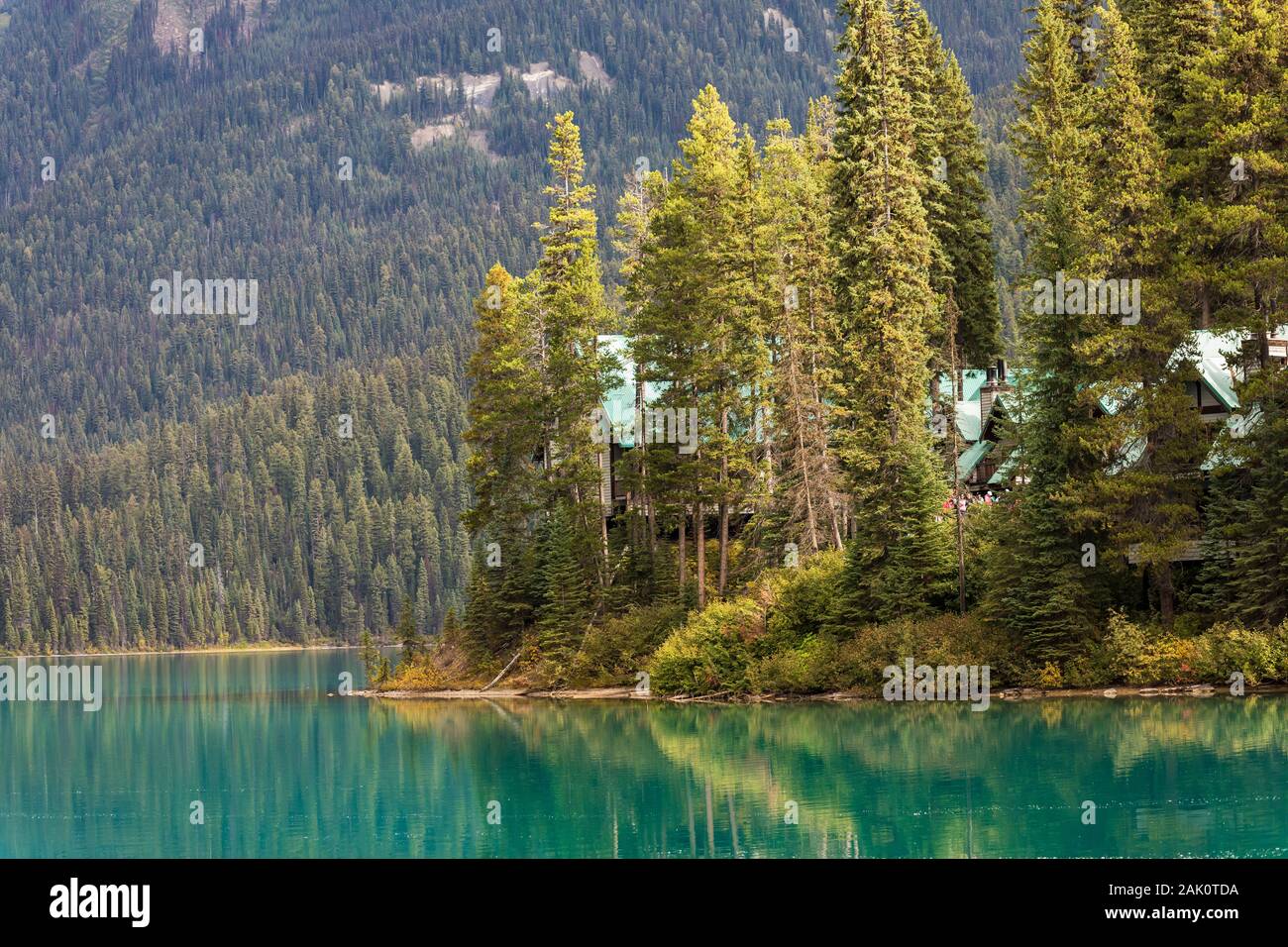 Emerald Lake Lodge nel settembre nel Parco Nazionale di Yoho, British Columbia, Canada [alcuna proprietà di modello o versioni disponibili per le licenze editoriali onl Foto Stock