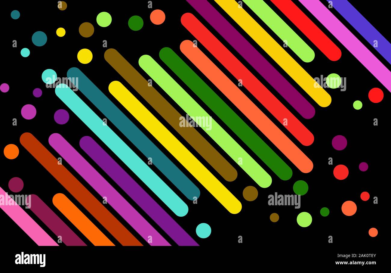 Diagonale astratta linee arrotondate, strisce, barre colorate su sfondo nero. Abstract sfondo geometrico. modello per il banner, volantini, poster, COV Illustrazione Vettoriale