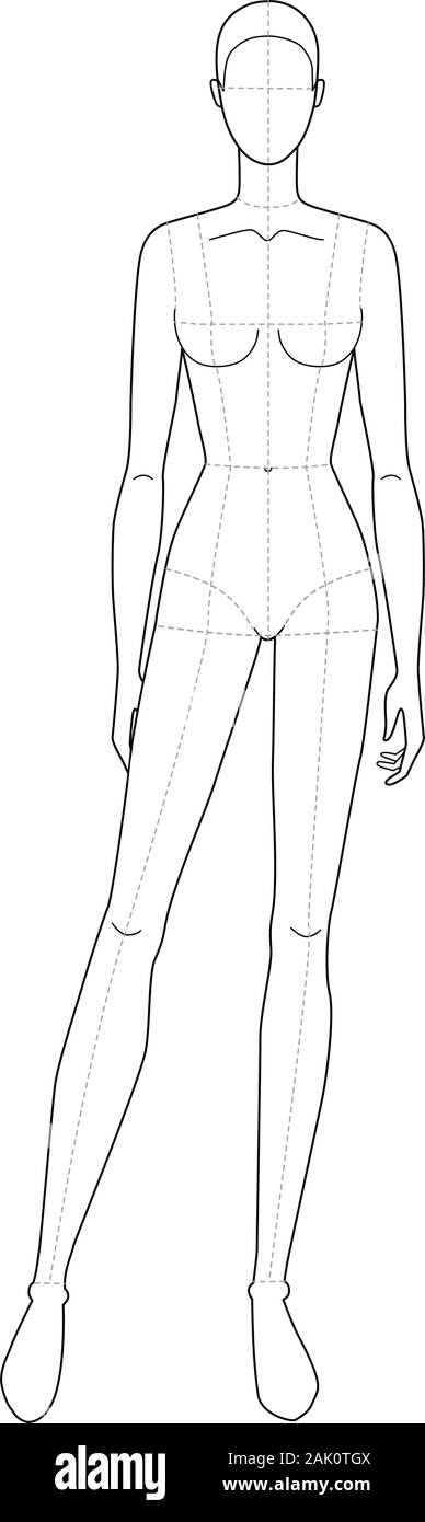 Modello di moda di donne permanente. 9 dimensioni di testa per il disegno tecnico con le linee principali. Signora figura vista anteriore e posteriore. Profilo di vettore ragazza per schizzo di moda e illustrazione. Illustrazione Vettoriale
