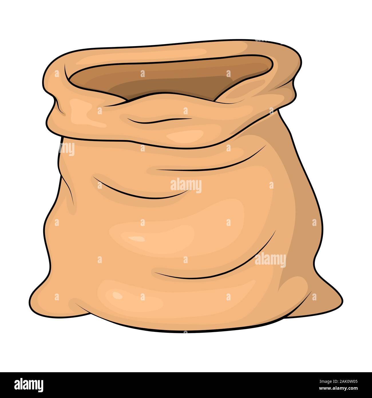 Sacco vuoto aperto per oro o denaro. bruno sacco di tela illustrazione vettoriale isolati su sfondo bianco. Modello per 2D gioco UI. Illustrazione Vettoriale