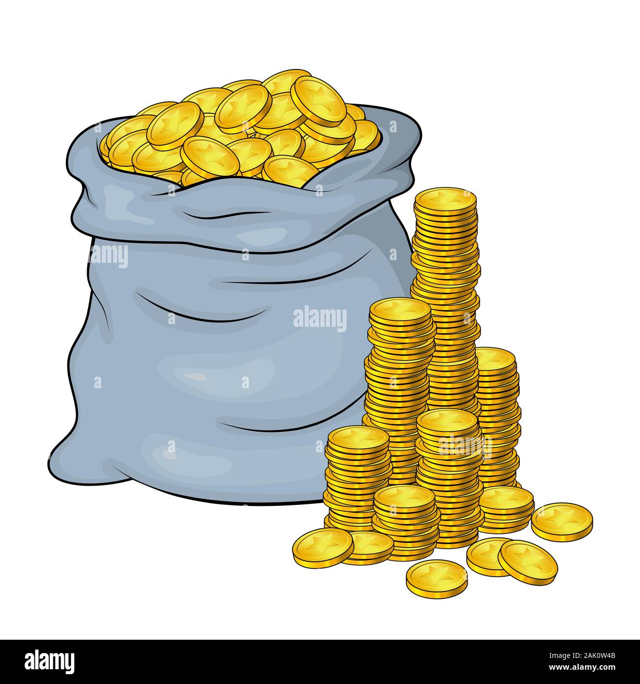 Aprire il sacco pieno di monete d oro e torre di cassa, montagna. Illustrazione Vettoriale denaro bancario simbolo isolato su sfondo bianco Illustrazione Vettoriale