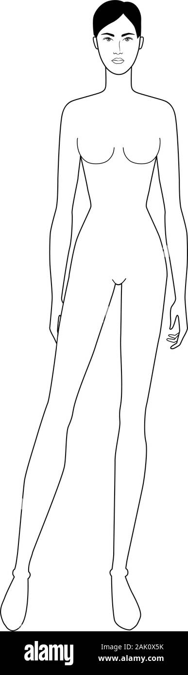 Modello di moda di donne permanente. 9 dimensioni di testa per il disegno tecnico. Signora figura vista frontale. Profilo di vettore ragazza per schizzo di moda e illustrazione. Illustrazione Vettoriale