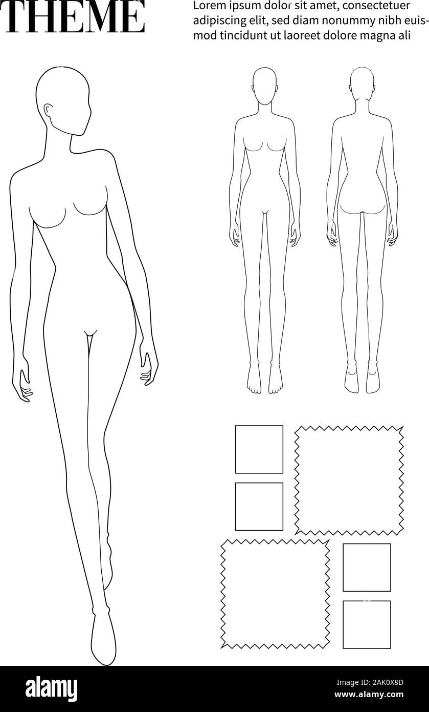 Modello di moda per il designer di moda. 9 dimensioni di testa per il disegno tecnico con il testo e i campioni di tessuto. Signora figura vista anteriore e posteriore. Profilo di vettore ragazza per schizzo di moda e illustrazione. Illustrazione Vettoriale