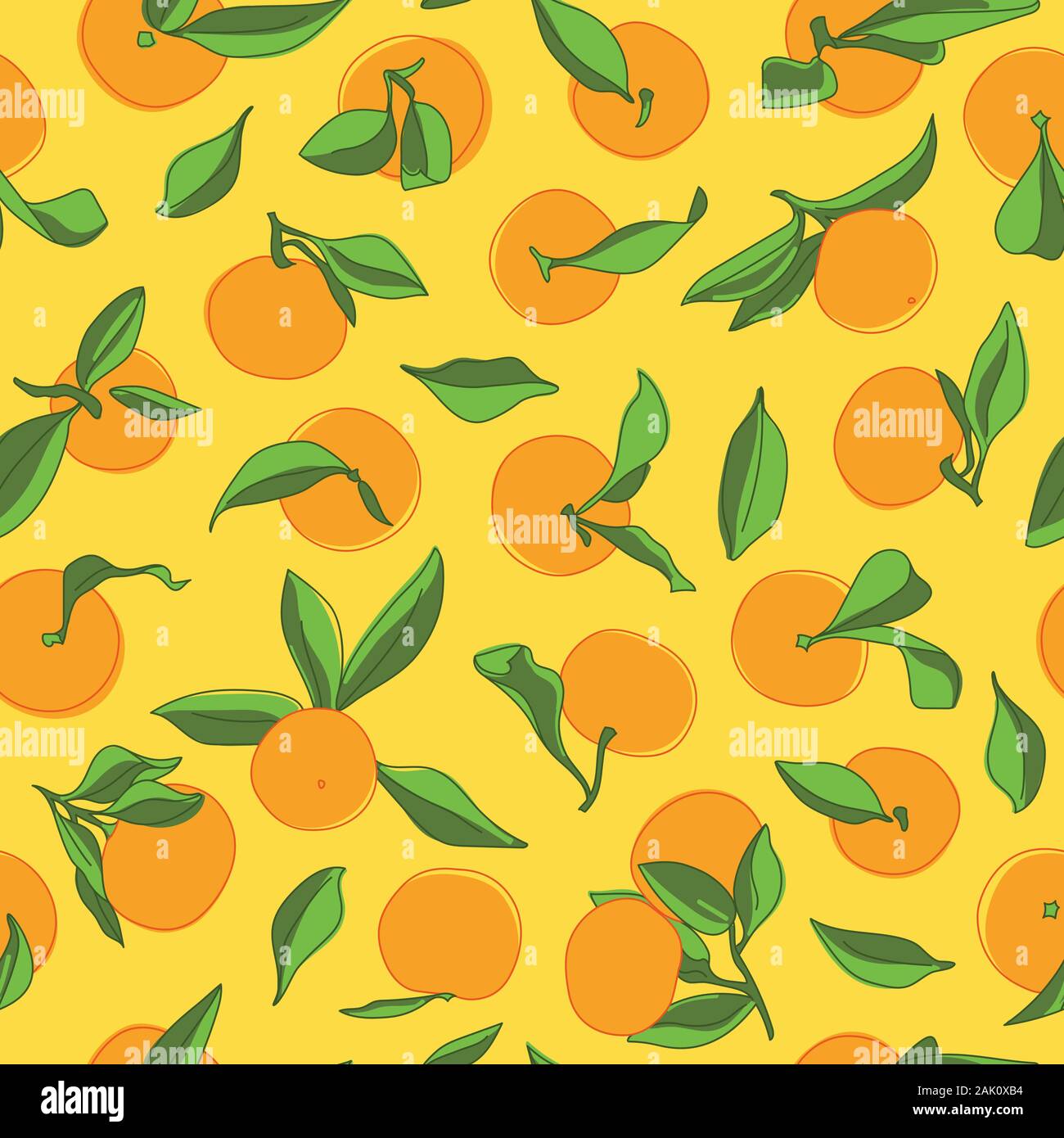 Tangerine colorato disegno vettoriale Seamless Pattern su sfondo giallo. Design Mandarina Wallpaper Illustrazione Vettoriale