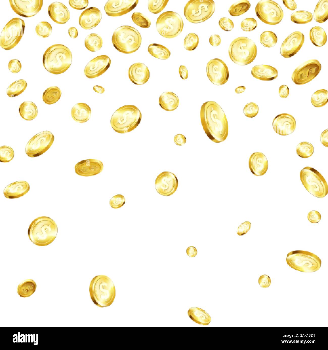 La caduta delle monete d'oro. Pioggia di denaro. Casino Grande Di Vittoria. Sfondo del Jackpot. Successo nel business e finanze. Metallo lucido monete. Vettore Illustrazione Vettoriale