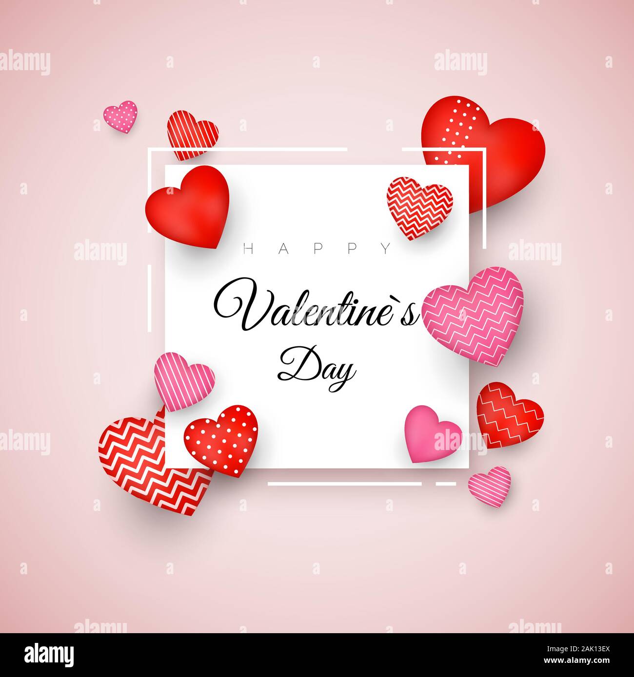 Buon San Valentino biglietto di auguri. Holiday banner con cuori rossi. Febbraio 14 giorno di amore e romantica. Illustrazione Vettoriale Illustrazione Vettoriale