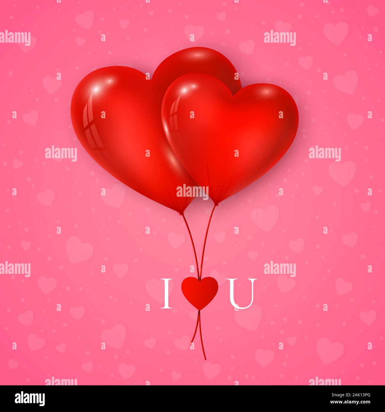Paio di cuori rossi con palloncino messaggio ti amo. Il giorno di San Valentino biglietto di auguri su sfondo rosa. Vettore Illustrazione Vettoriale