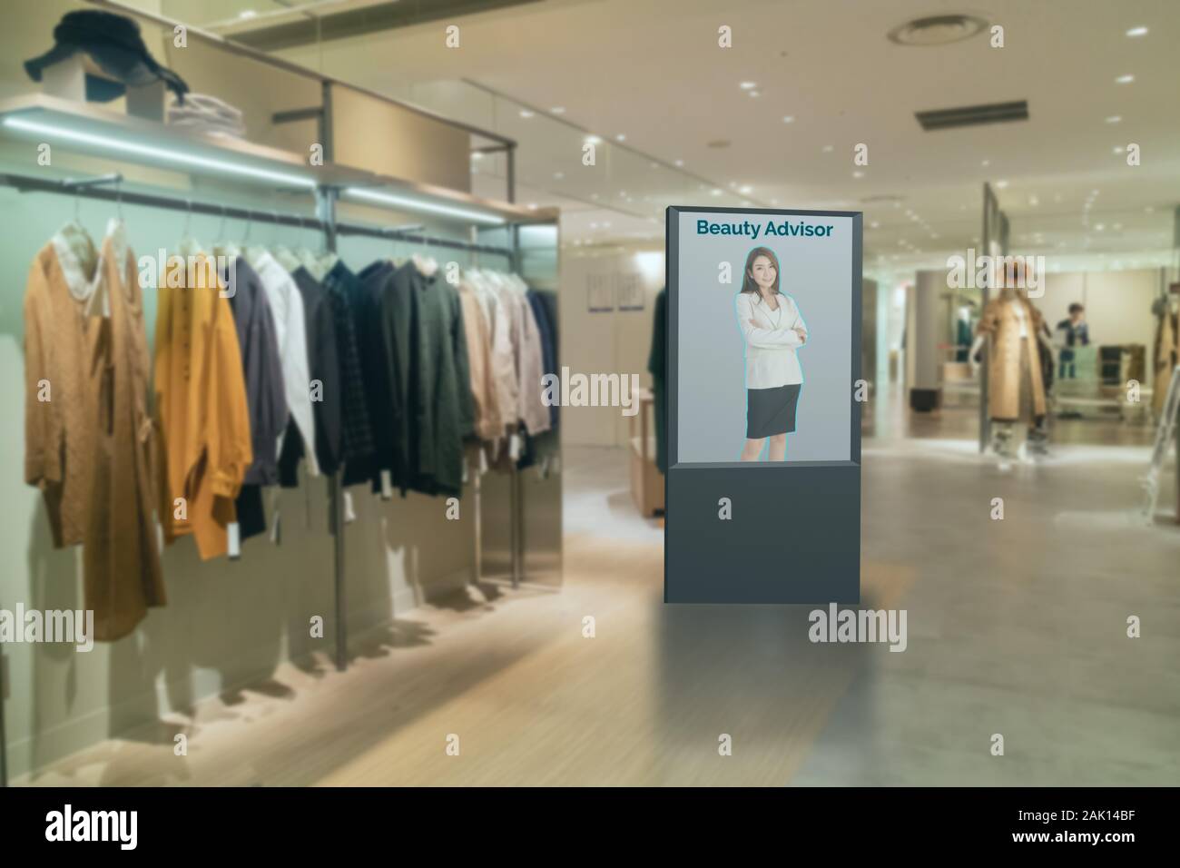 Iot smart retail tecnologia futuristico concetto, smart display Digital Signage con virtuale o di realtà aumentata nel negozio al dettaglio o consigli per scegliere Foto Stock
