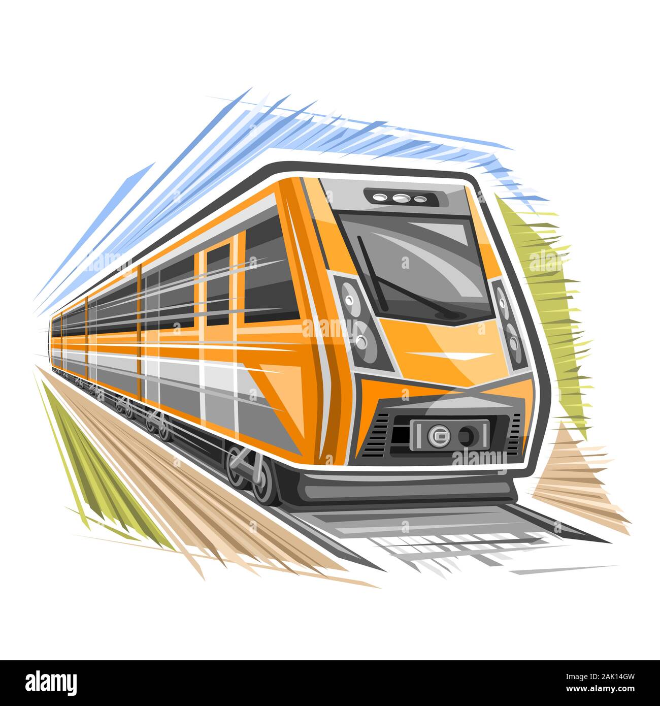 Il logo del vettore per il treno in movimento, segno decorativo con illustrazione di alta velocità il moderno treno correndo per ferrovia su sfondo astratto. Illustrazione Vettoriale