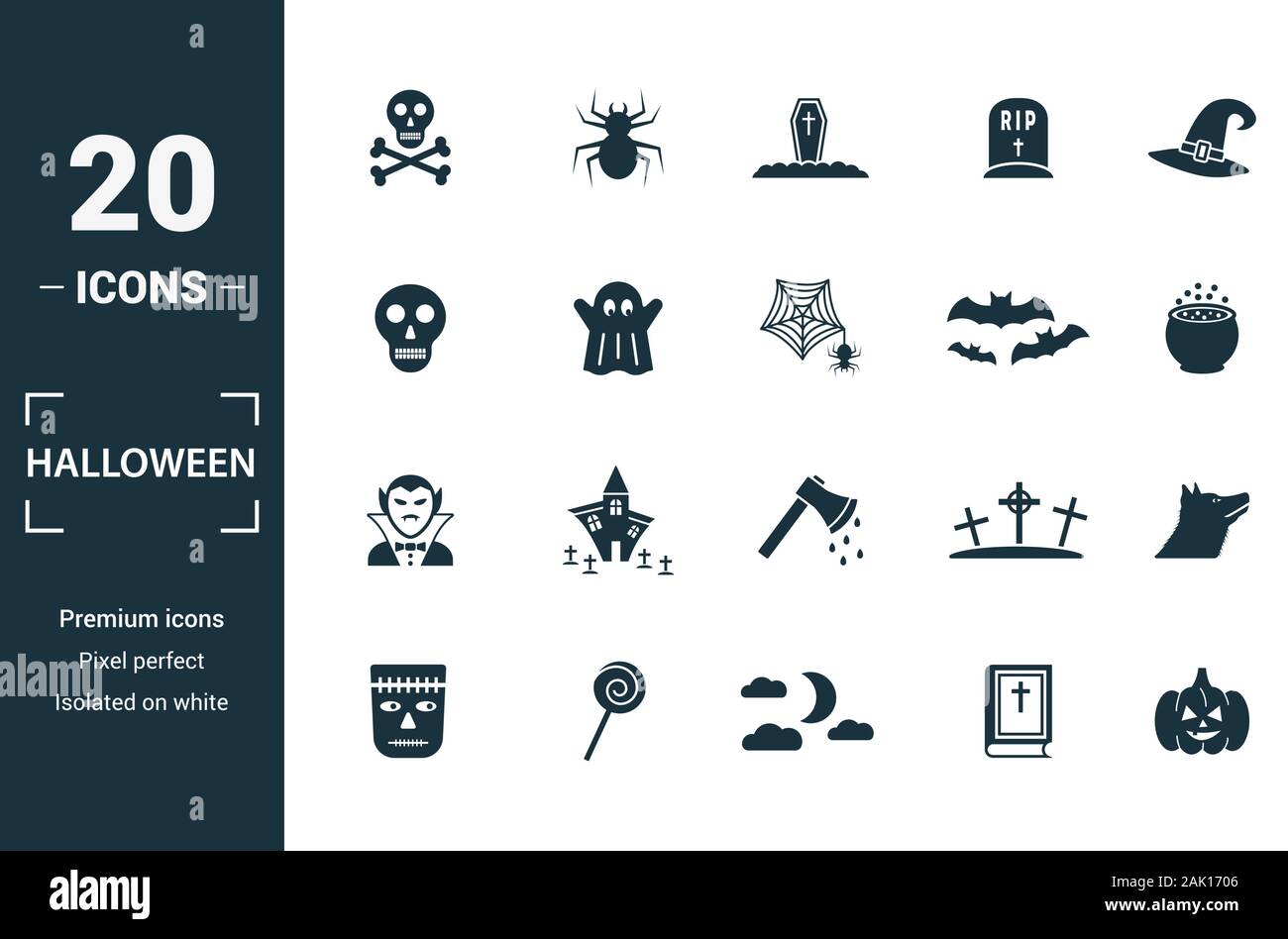 Halloween icon set. Includere elementi creativi scheletro, bara, cranio, Pipistrelli Vampiro icone. Può essere utilizzato per la relazione, presentazione, diagramma, web design Illustrazione Vettoriale