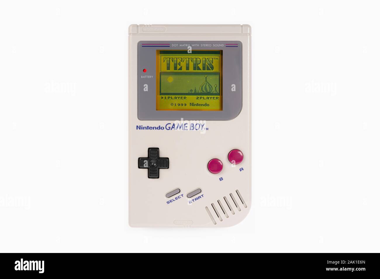 La schermata introduttiva del gioco Tetris come si è visto su un 1989 Nintendo Game Boy shot su uno sfondo bianco. Foto Stock