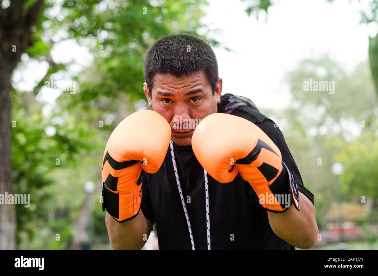 Boxer maschio con guanti per sport di formazione nel parco all'aperto Foto Stock