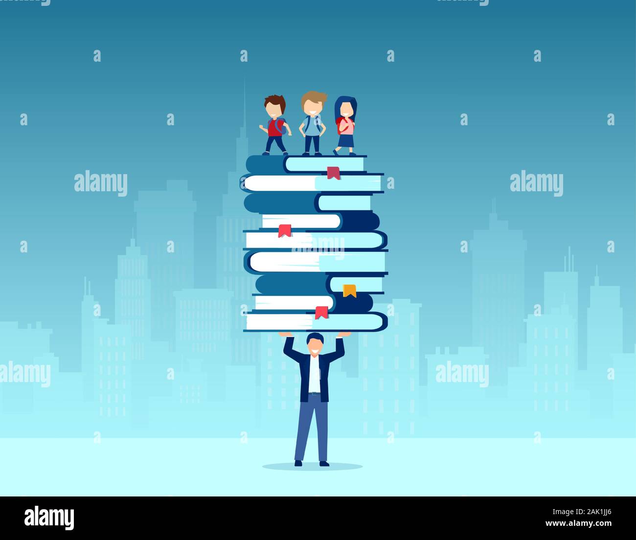 Vettore di un docente in possesso di una pila di libri con bambini felici in piedi sulla parte superiore Illustrazione Vettoriale