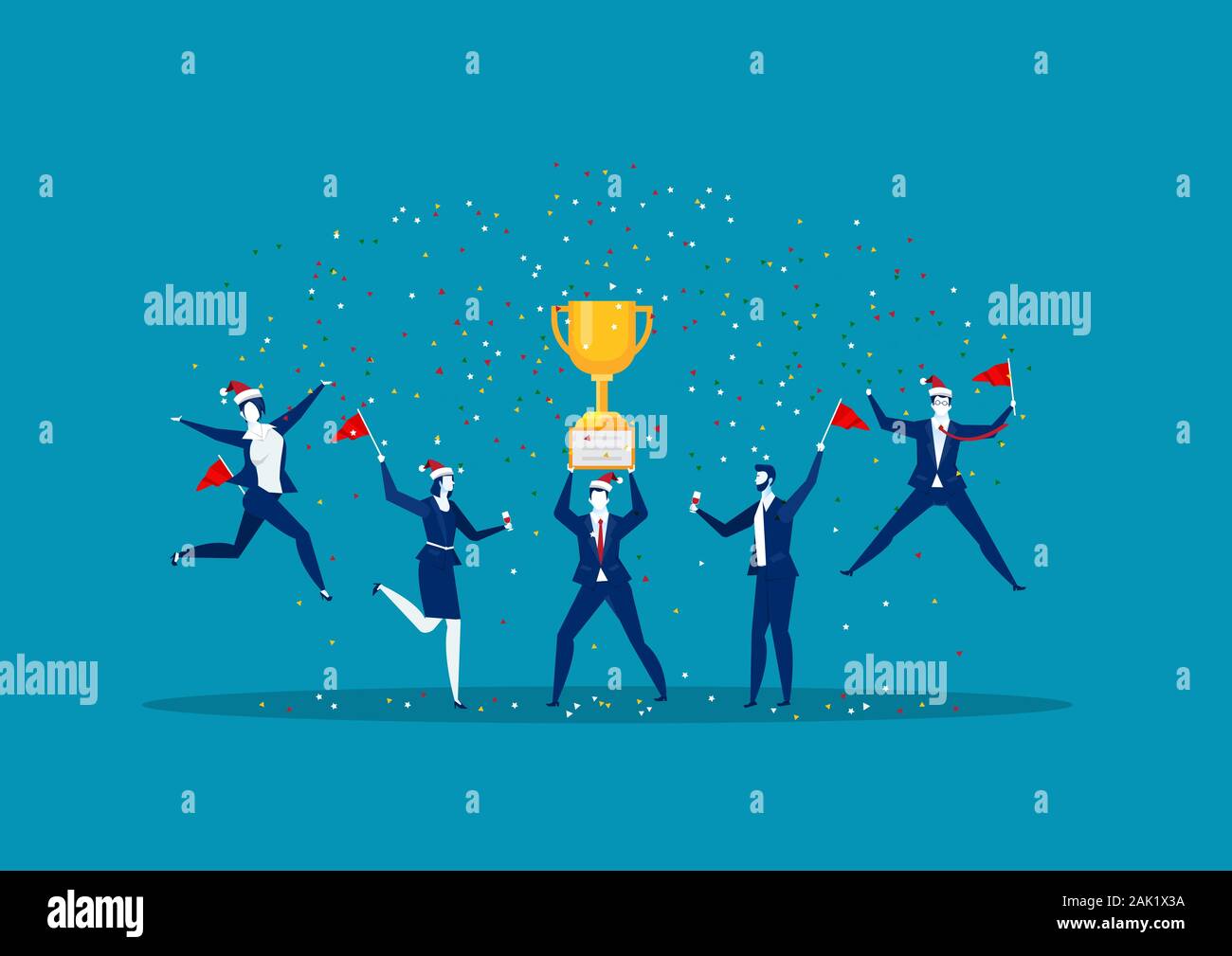 Vincere conquista. Felice compagnia dipendente aggiudicazione di un trofeo premio ai loro leader. Business illustrazione vettoriale. Foto Stock