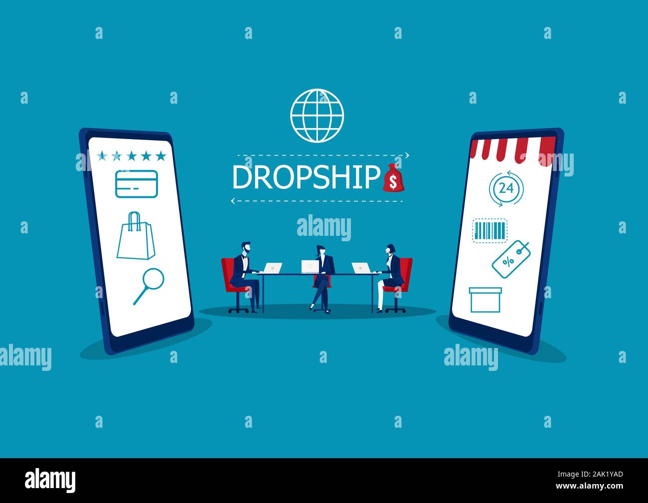Drop shopping online di e-commerce business concetto, vettoriale Illustrator. Foto Stock