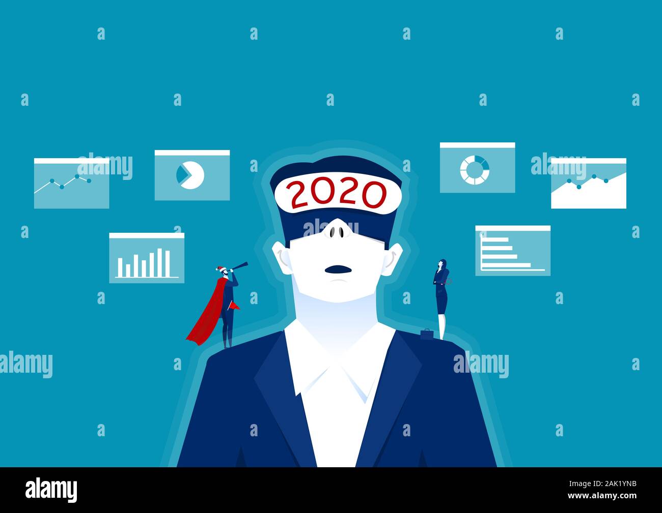 2020 imprenditore indossando la realtà virtuale nella moderna coworking studio,visione business plan per future concept illustrator. Foto Stock