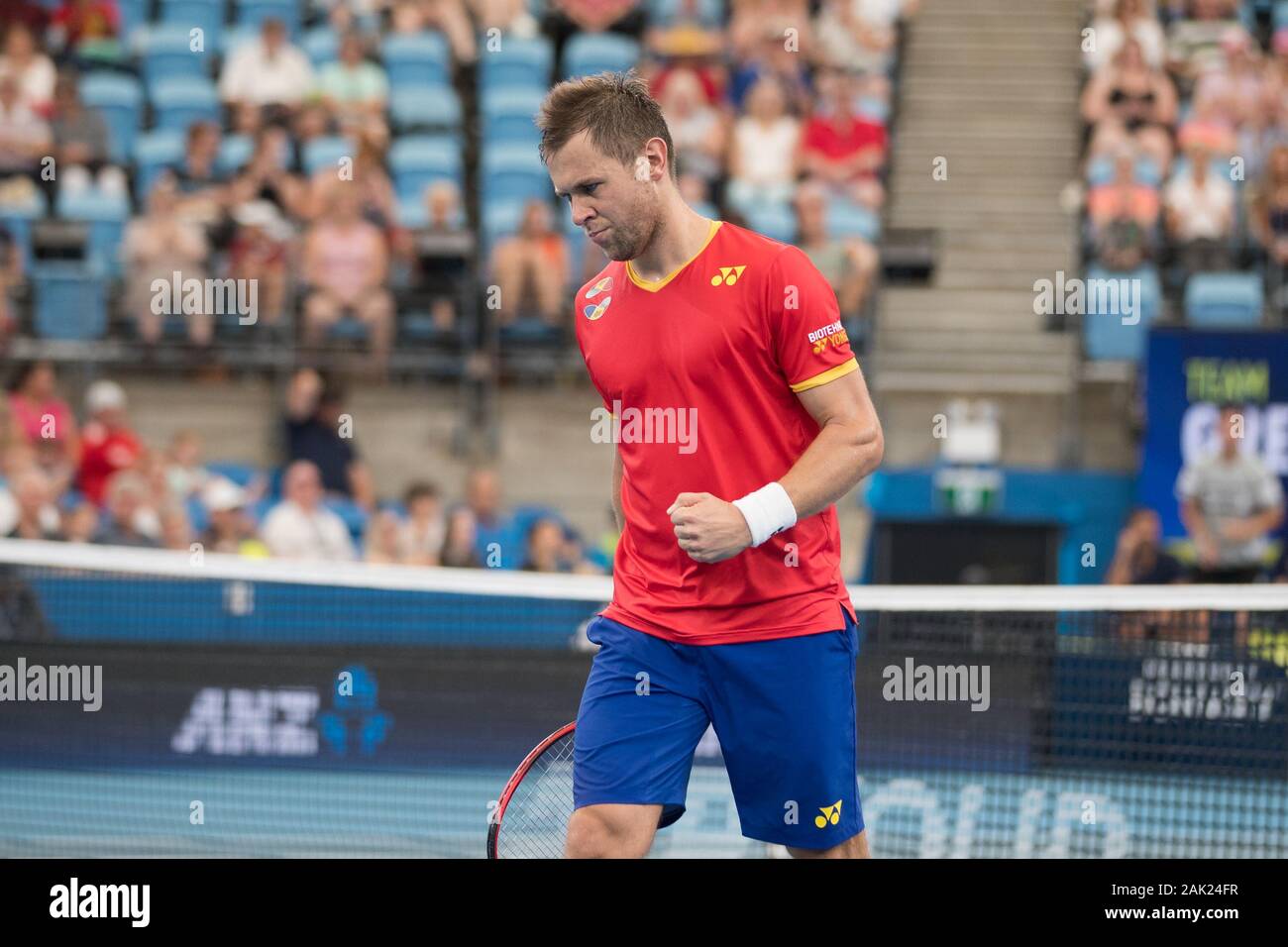 Sydney, Australia. 07Th gen, 2020. Radu Albot della Moldavia si aggiudica un punto cruciale durante il 2020 ATP Cup presso il Ken ROSEWALL Arena, Sydney, Australia il 7 gennaio 2020. Foto di Peter Dovgan. Credit: UK Sports Pics Ltd/Alamy Live News Foto Stock