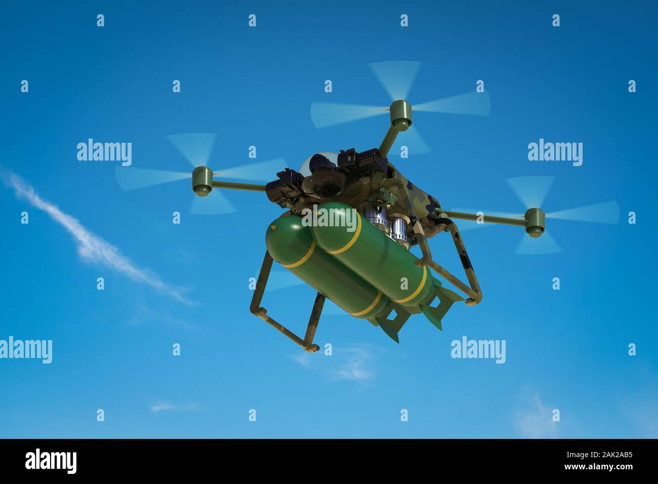 3D rendering drone militare con il missile in cielo blu Foto Stock