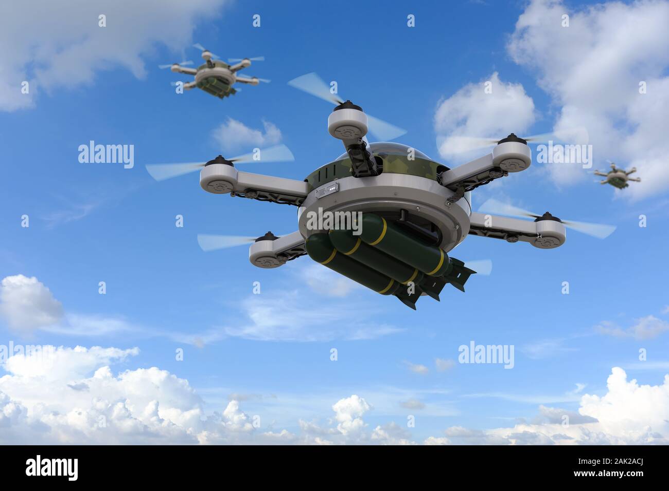 3D rendering drone militare con il missile in cielo blu Foto Stock