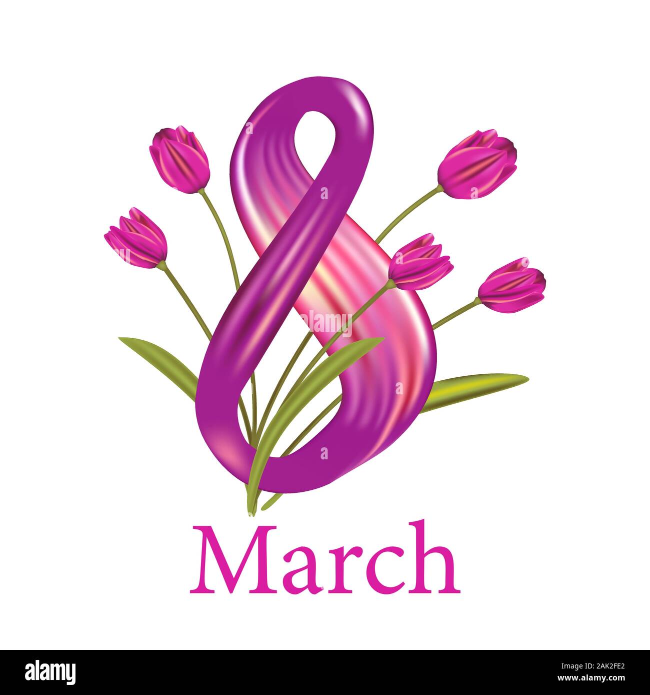 8 marzo biglietto di auguri per internazionale womans giorno. Realistico otto nastro d'onda illustrazione. Vernice liquida forma di inchiostro con tulip fiori su uno sfondo bianco. Illustrazione Vettoriale