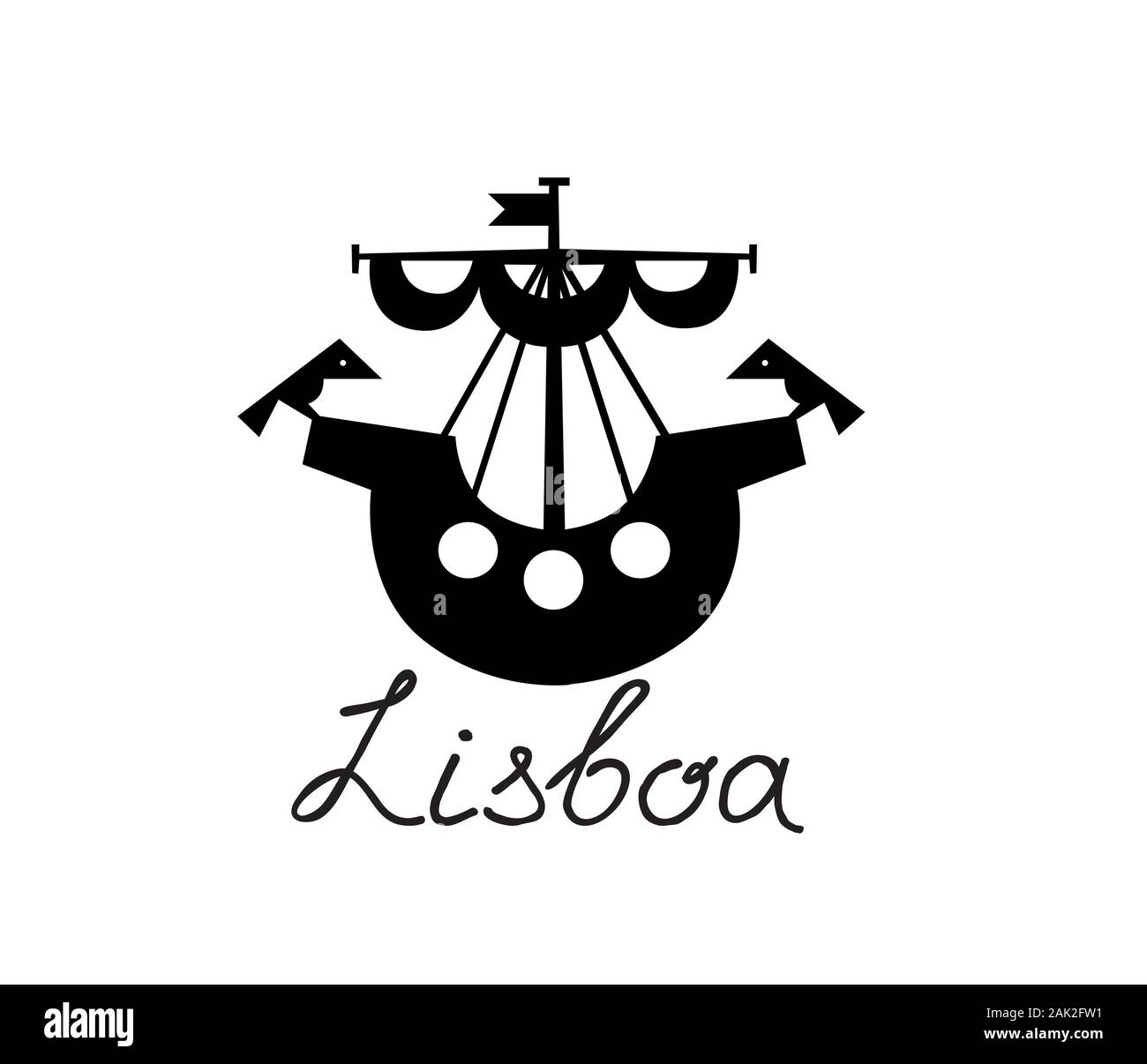 La città di Lisbona icona della città. Nave con uccelli Lisboa simbolo della città. Viaggi Portogallo segno. Illustrazione Vettoriale