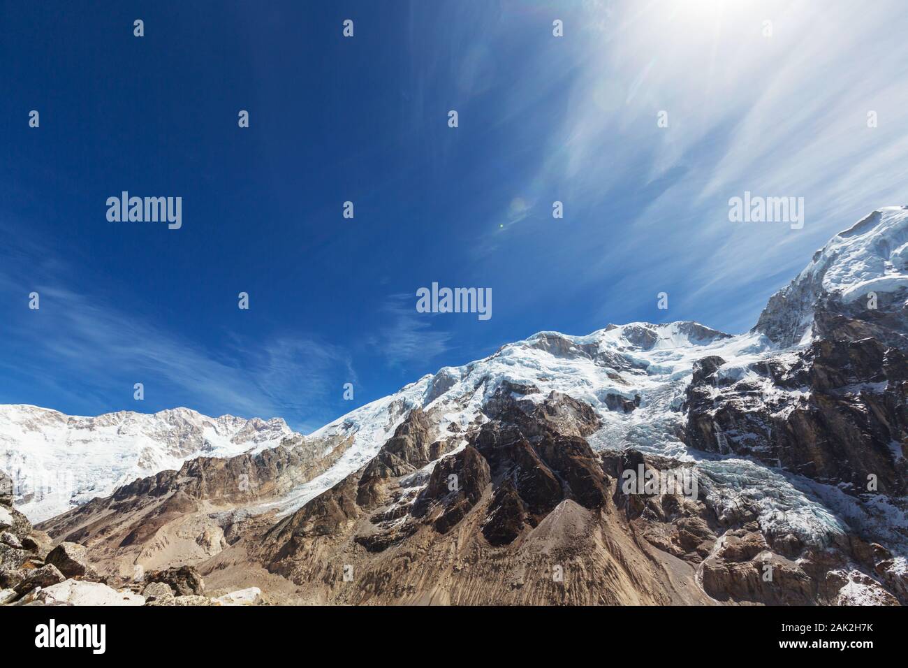 Vista panoramica del picco di Kangchendzonga al tramonto, Himalaya, Nepal. Foto Stock