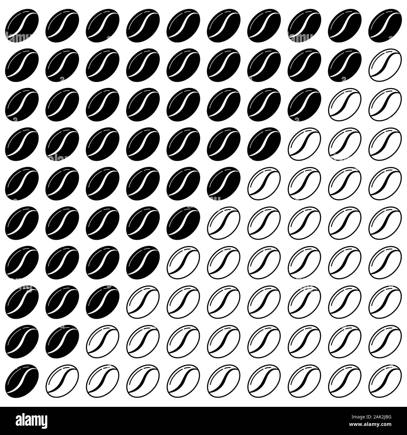 Intensità del caffè grani grafico icon set con dieci pulsante nella riga isolata su sfondo bianco. Illustrazione Vettoriale