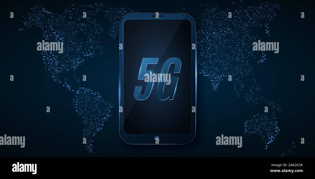 5G rete globale. High tech design. Smartphone moderno con connessione internet ad alta velocità. Mappa di punti luminosi. Illustrazione Vettoriale. EPS 10 Illustrazione Vettoriale