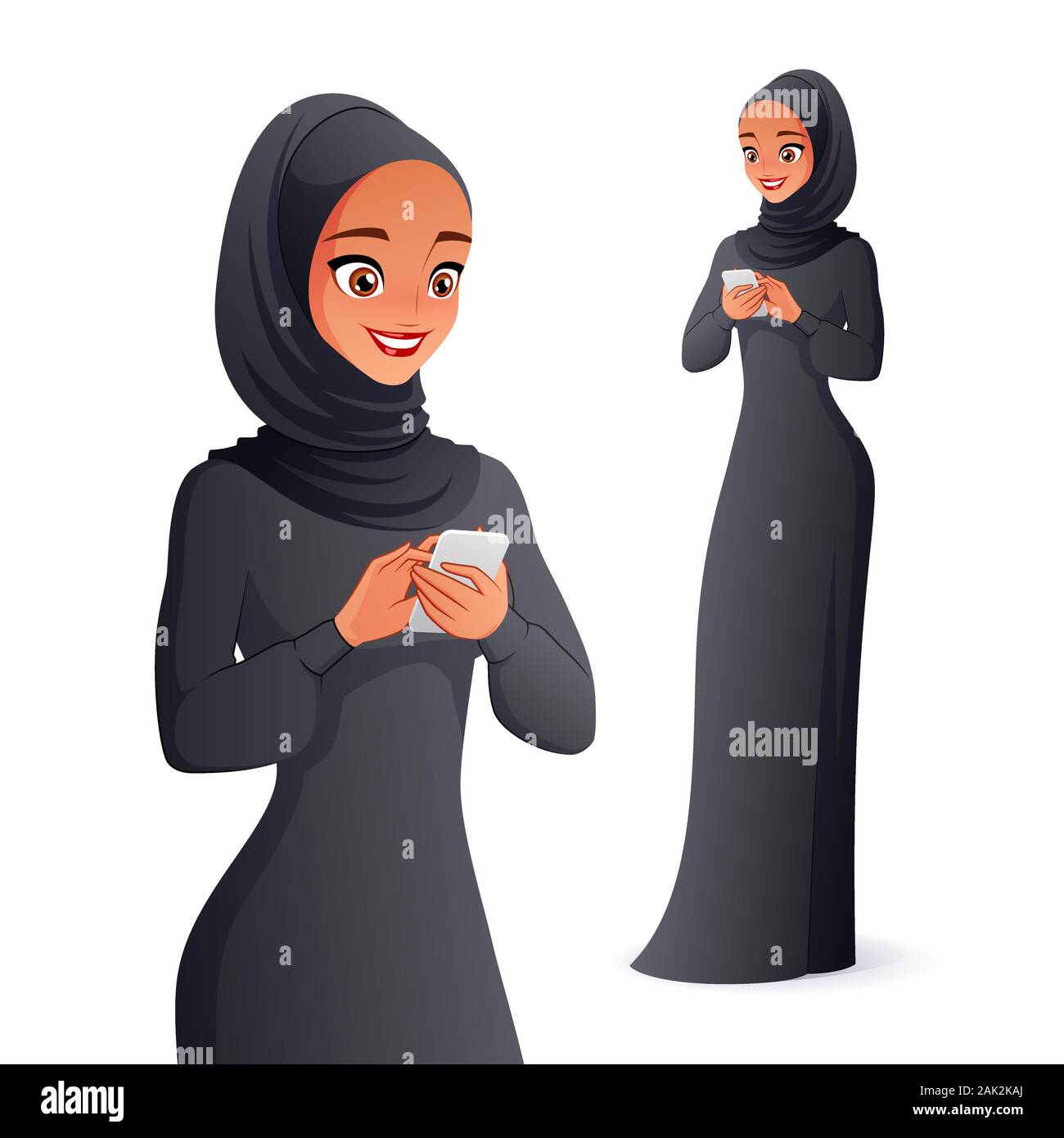 Bellissimo vestito tradizionale arabo e musulmano donna hijab come la scrittura di un messaggio di testo sul telefono cellulare. Illustrazione di vettore isolato su sfondo bianco. Illustrazione Vettoriale