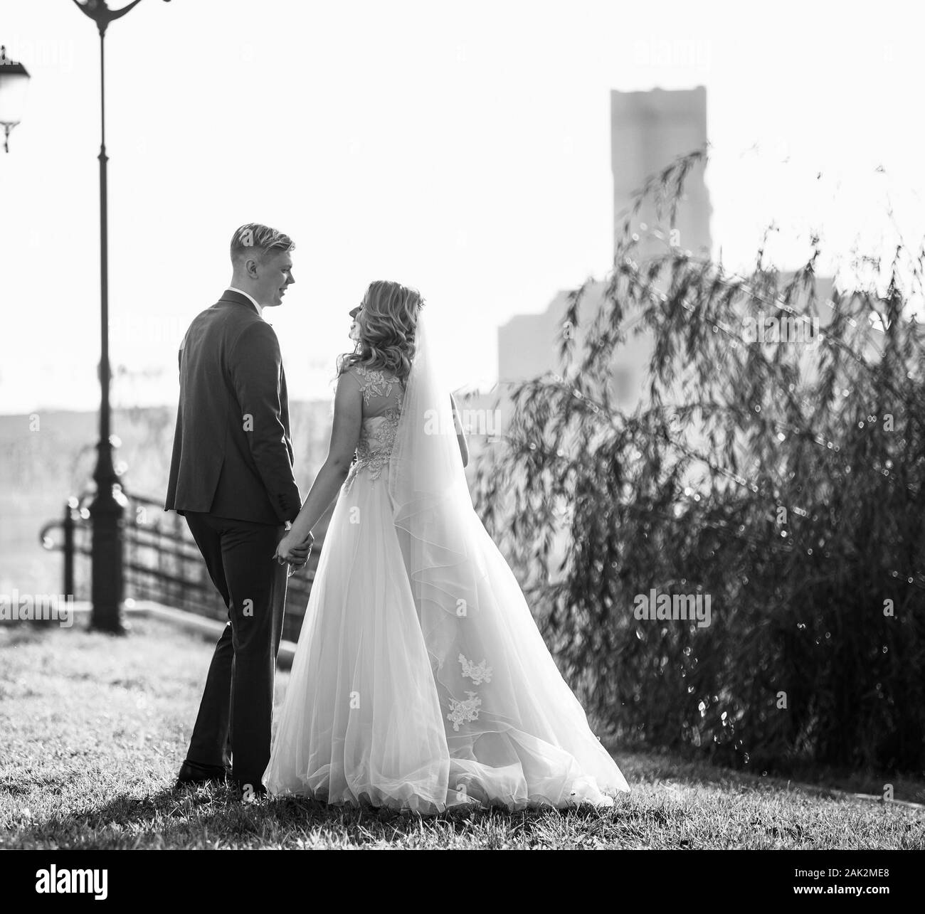 Foto in bianco e nero. happy sposi novelli a parlare mentre passeggiate nel parco Foto Stock