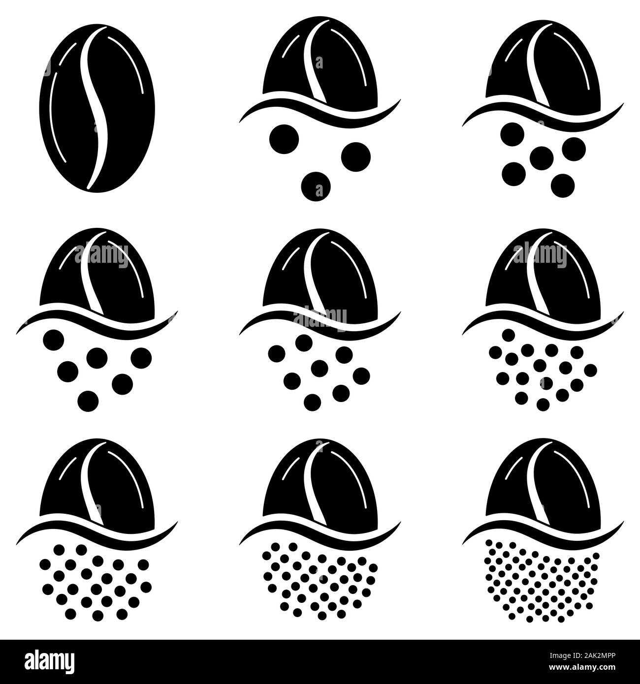 Caffè macinato di dimensione di grani grafico icon set isolato su sfondo bianco. Illustrazione Vettoriale