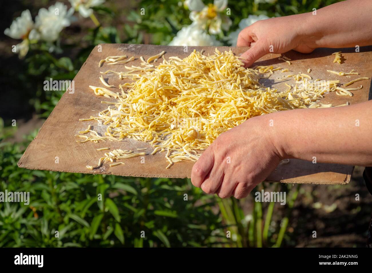 Fette di tagliatelle fatte in casa sono portati nel giardino la cucina per cucinare. Foto Stock