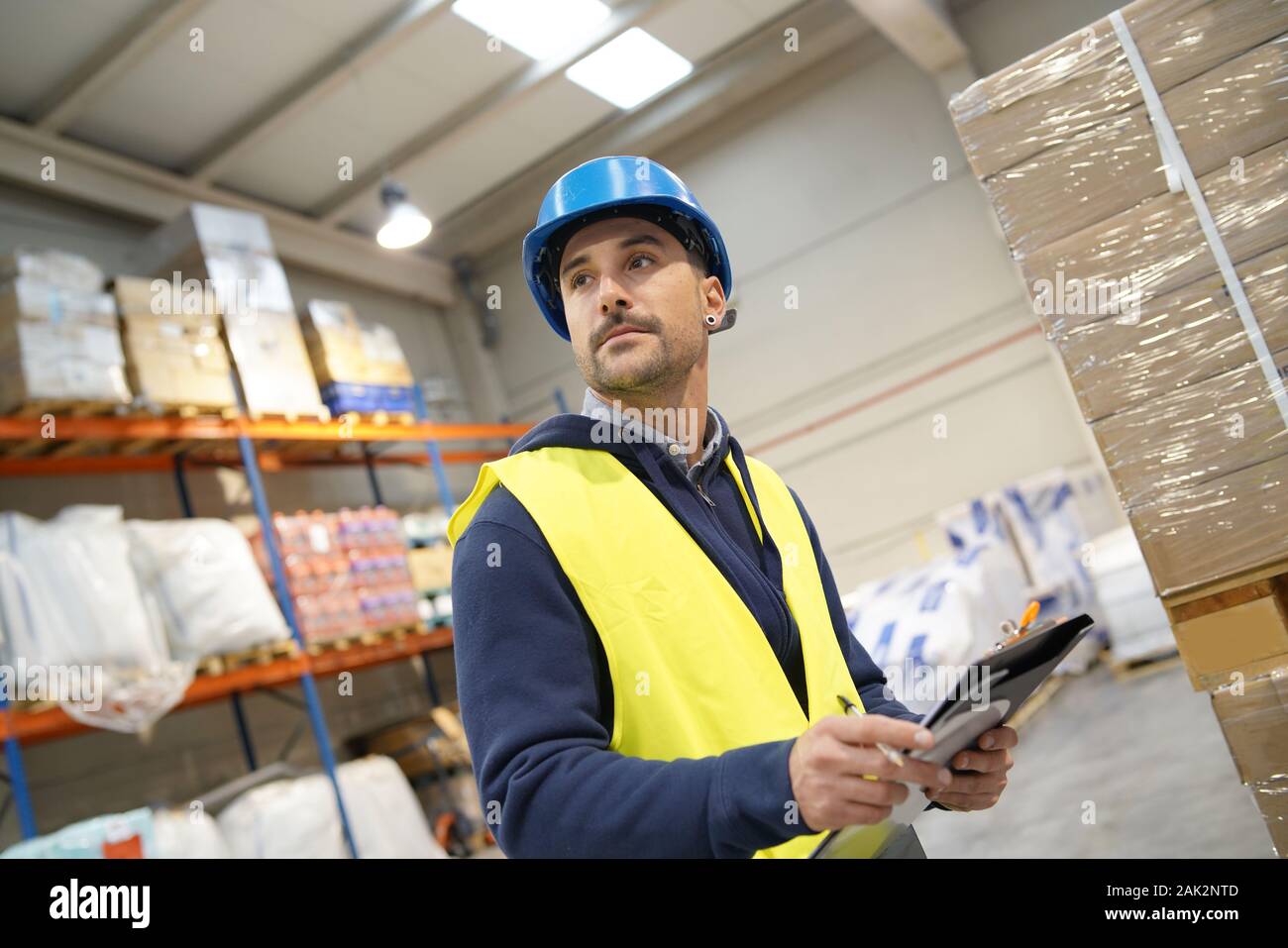 Il magazziniere Controllo merce in arrivo Foto Stock