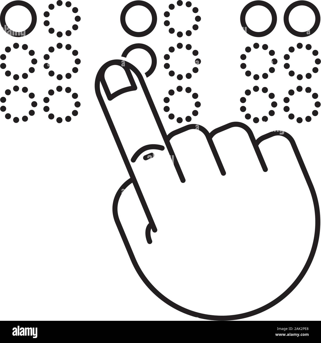 Lettura Braille icona. Delineare il simbolo di vettore di mano toccando alfabeto braille lettere ABC. Illustrazione Vettoriale
