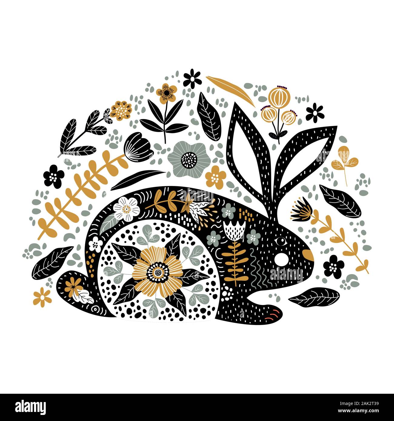 Cartoon coniglio monocromatiche con fiori isolati su uno sfondo bianco . Illustrazione Vettoriale in stile scandinavo. Illustrazione Vettoriale